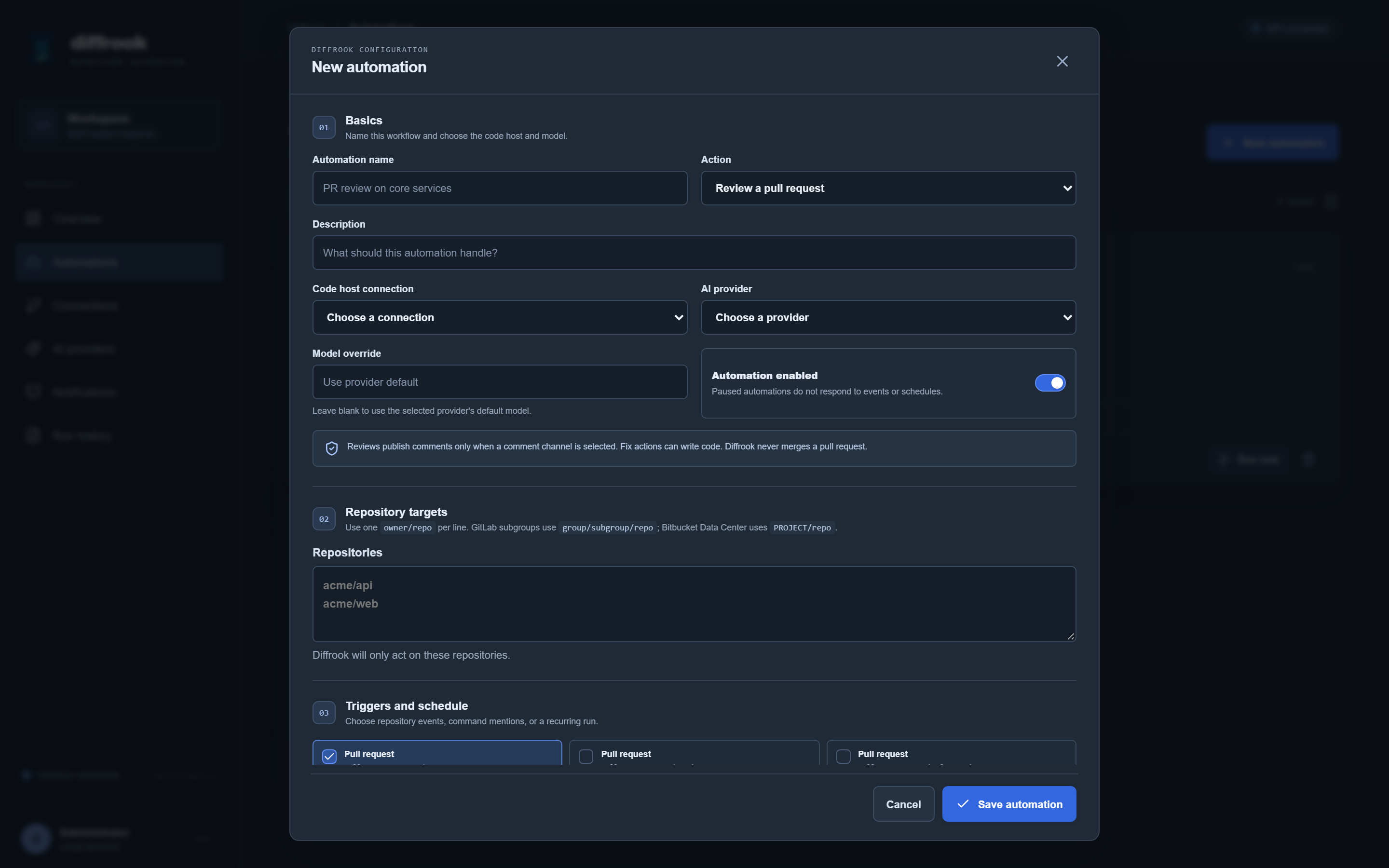 Creating a new automation in Diffrook